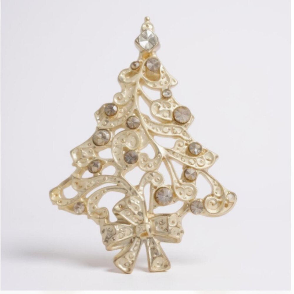 Christopher Radko Silver Christmas Tree Brooch Crystal Rhinestone Holiday Pin